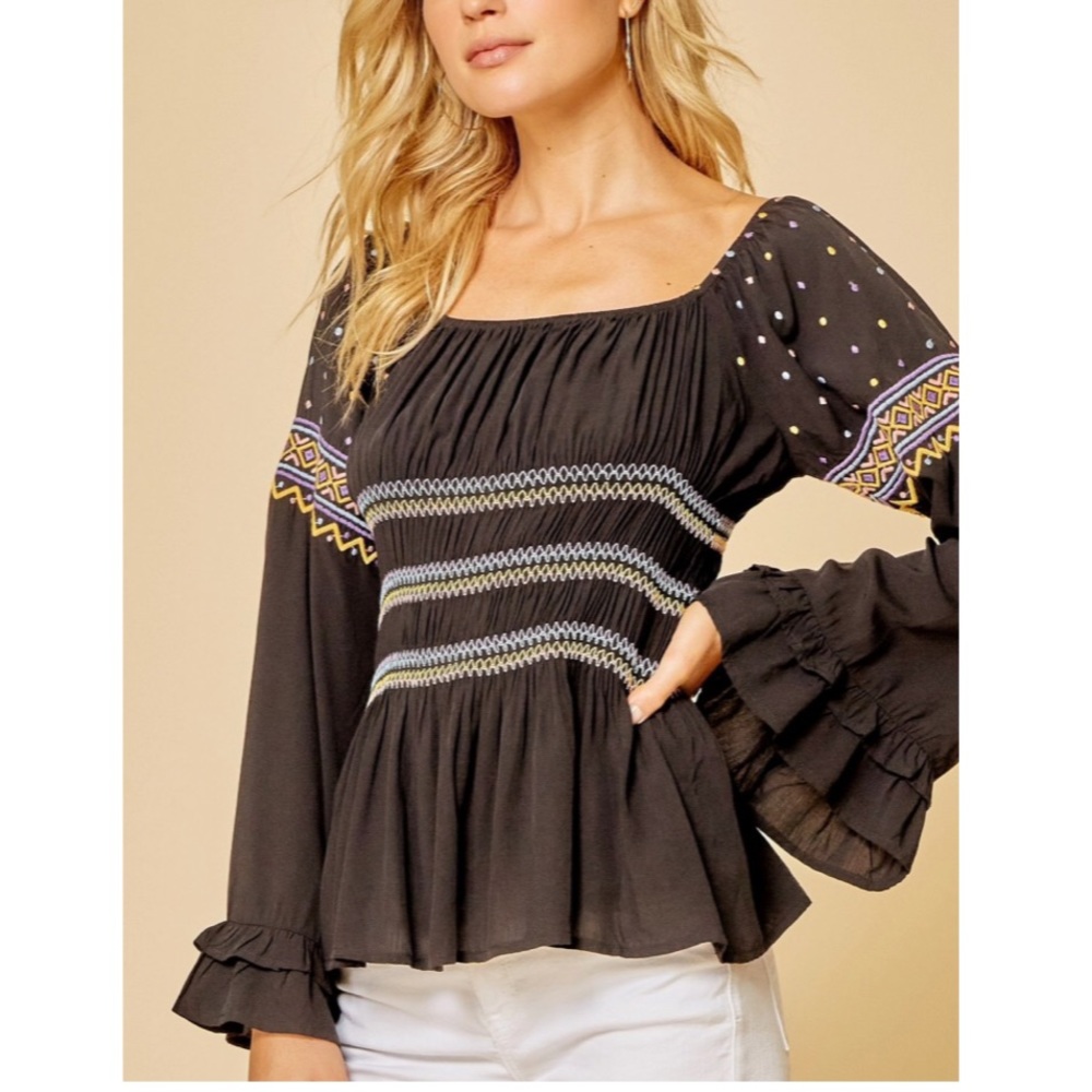 Smocked and embroidered top